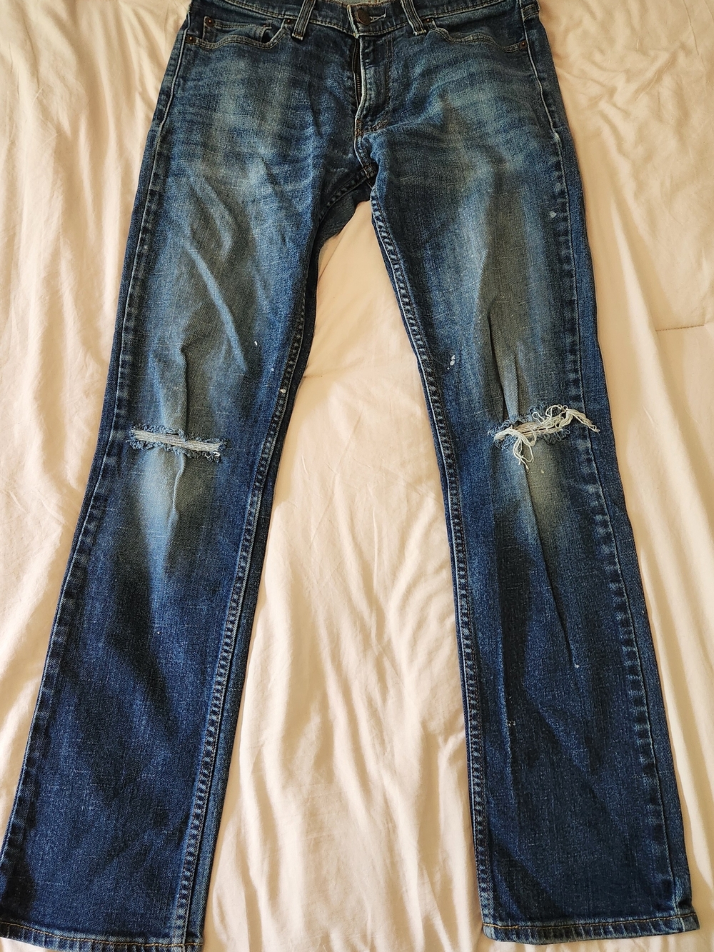 Hollister Men's Distressed Dark Blue Straight Work Jeans